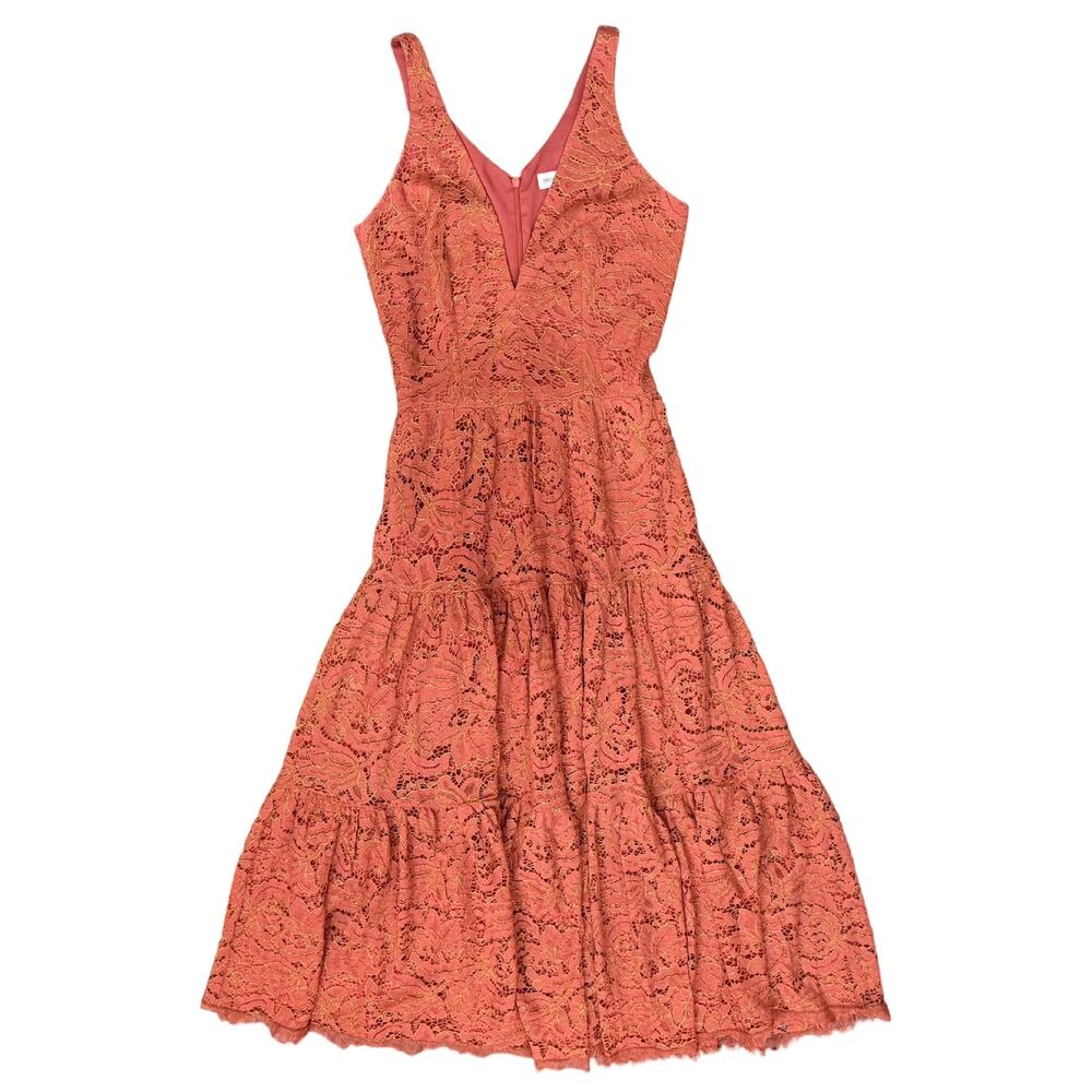 Dress the Population Burnt Orange Gold Lace Tiered V-Neck Midi Dress size S - Picture 2 of 16